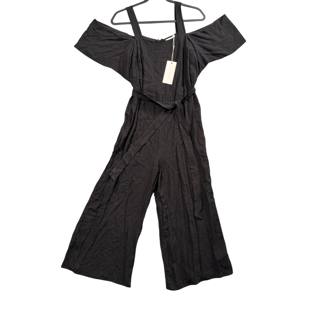 Lush Black Off Shoulder Linen Blend Wide Leg‎ Jumpsuit S Boho Festival Resort
